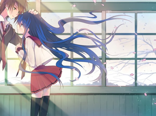 Anime picture 1067x800 with original rugo long hair blush short hair blue eyes brown hair green eyes blue hair profile wind couple open collar hand on another's head girl thighhighs boy uniform black thighhighs plant (plants)