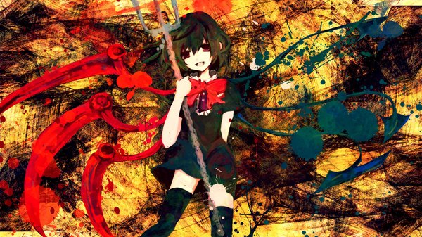 Anime picture 1920x1080 with touhou houjuu nue meola fringe highres short hair black hair smile red eyes wide image girl thighhighs dress bow weapon black thighhighs wings black dress trident