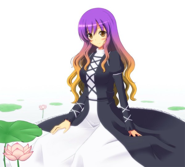 Anime picture 1142x1035 with touhou hijiri byakuren yuu hitoshi single long hair blush fringe smile hair between eyes white background brown eyes purple hair gradient hair girl dress flower (flowers) ribbon (ribbons) water lily