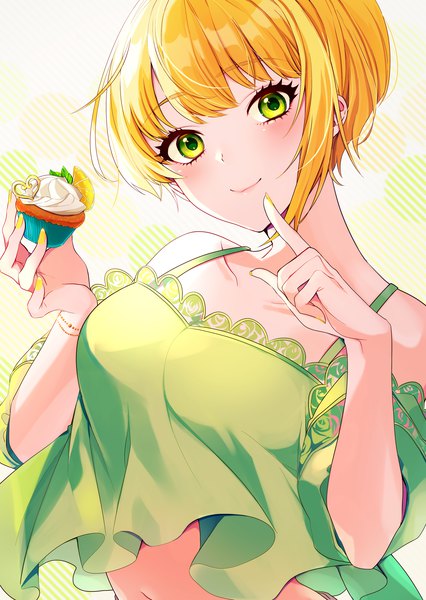 Anime picture 1900x2677 with idolmaster idolmaster cinderella girls miyamoto frederica neko-san (dim.dream) single tall image looking at viewer blush fringe highres short hair breasts simple background blonde hair smile bare shoulders holding green eyes payot upper body