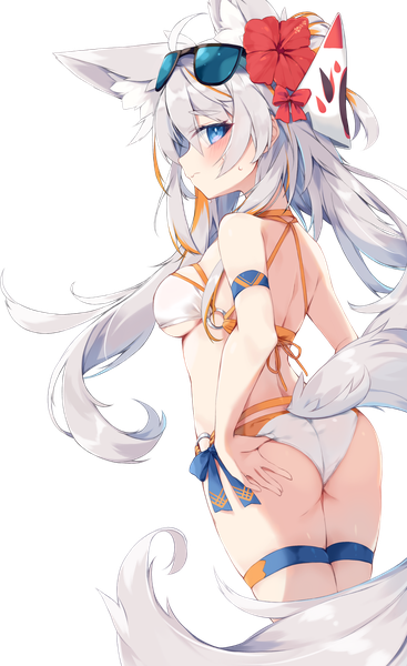 Anime picture 2145x3507 with original nibiiro shizuka single long hair tall image looking at viewer fringe highres breasts open mouth blue eyes light erotic hair between eyes large breasts standing animal ears payot silver hair ahoge ass