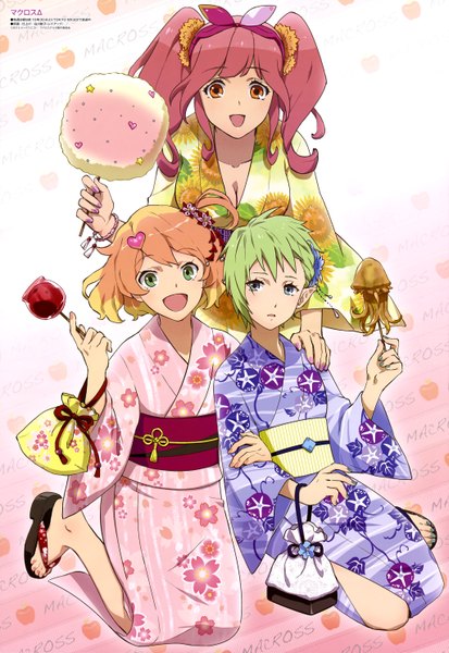 Anime picture 4094x5943 with macross macross delta freyja wion makina nakajima reina prowler shirakawa ayako long hair tall image looking at viewer highres short hair open mouth blue eyes red eyes multiple girls green eyes pink hair absurdres traditional clothes japanese clothes