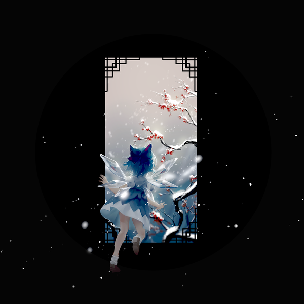Anime picture 3000x3000 with touhou cirno cui (jidanhaidaitang) single highres short hair simple background blue hair full body from behind black background snowing winter snow girl dress bow plant (plants) hair bow wings