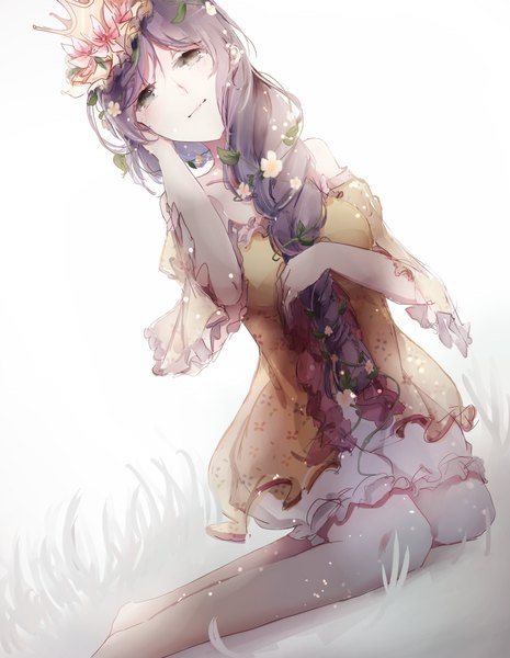 Anime picture 968x1250 with love live! school idol project sunrise (studio) love live! toujou nozomi touming shaonu single long hair tall image looking at viewer simple background smile standing white background purple hair braid (braids) hair flower grey eyes kneeling single braid adjusting hair