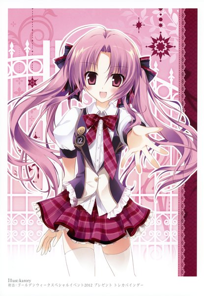 Anime picture 2406x3475 with original karory single long hair tall image looking at viewer blush highres open mouth purple eyes twintails purple hair scan girl thighhighs uniform bow hair bow school uniform white thighhighs