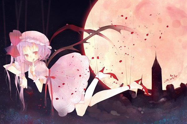 Anime picture 1000x660 with touhou remilia scarlet domotolain single looking at viewer short hair smile red eyes purple hair nail polish alternate costume finger to mouth wavy hair red moon girl dress ribbon (ribbons) hair ribbon hat wings