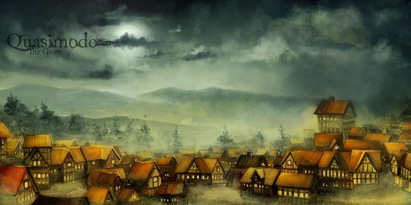 Anime picture 1500x750 with quasimodo (game) artur sadlos (artist) wide image cloud (clouds) mountain landscape fog panorama village