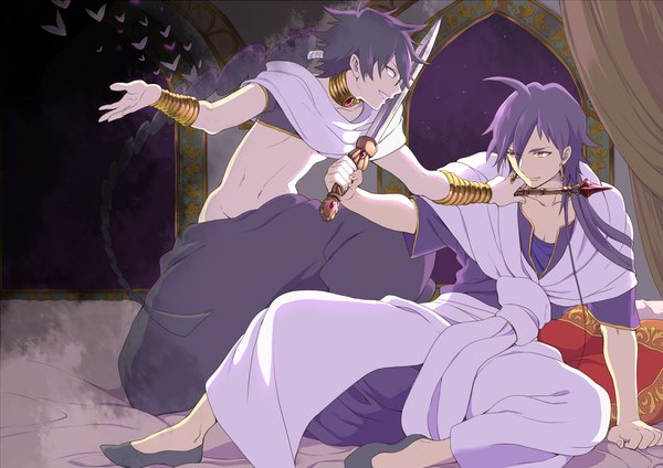 Anime picture 1699x1203 with magi the labyrinth of magic a-1 pictures judal sinbad (magi) kudouakira long hair smile red eyes purple hair ahoge braid (braids) midriff orange eyes single braid battle boy navel weapon earrings sword