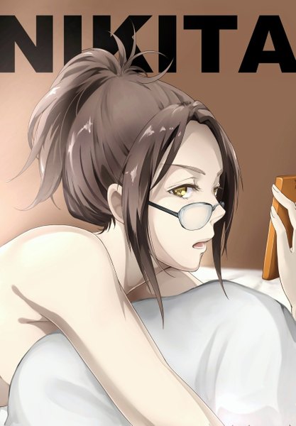 Anime picture 869x1251 with shingeki no kyojin production i.g hange zoe conone single tall image looking at viewer short hair brown hair bare shoulders yellow eyes ponytail lying inscription on stomach girl glasses pillow mobile phone