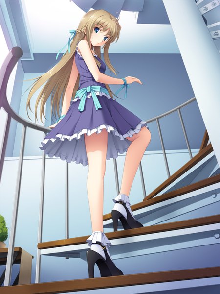 Anime picture 1400x1866 with cygnus (artist) long hair tall image blue eyes brown hair girl dress stairs
