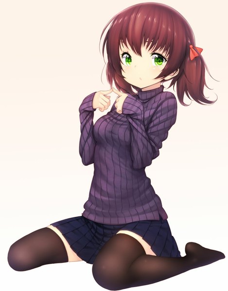 Anime picture 861x1100 with original zizi (zz22) single tall image looking at viewer short hair simple background brown hair white background sitting green eyes wariza girl thighhighs skirt black thighhighs miniskirt sweater