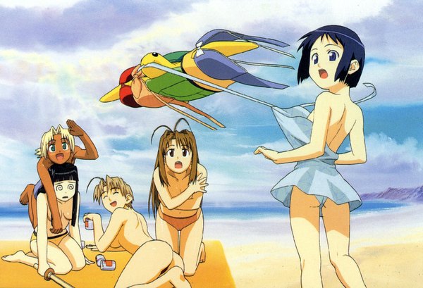 Anime picture 1648x1124 with love hina narusegawa naru maehara shinobu aoyama motoko kaolla su konno mitsune light erotic beach topless girl swimsuit bikini turtle