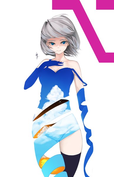 Anime picture 1336x2067 with original yes warabi single tall image fringe short hair blue eyes light erotic smile standing bare shoulders cloud (clouds) grey hair sunlight double exposure sky print girl thighhighs dress gloves