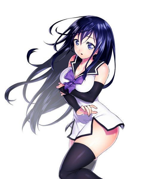 Anime picture 900x1080 with gokukoku no brynhildr arms corporation kuroha neko onsoku inu single long hair tall image blue eyes light erotic white background bare shoulders blue hair girl thighhighs dress black thighhighs detached sleeves