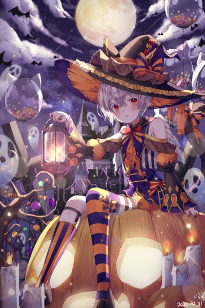Anime picture 1666x2500 with original shiro albino single tall image blush fringe short hair hair between eyes red eyes bare shoulders holding silver hair outdoors pointy ears sparkle dated halloween ghost asymmetrical legwear girl