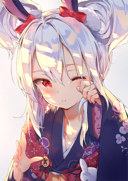 Anime picture 1500x2122 with azur lane laffey (azur lane) laffey (snow rabbit and candied apple) (azur lane) daitai sotogawa (futomomo) single long hair tall image looking at viewer blush fringe simple background hair between eyes red eyes animal ears silver hair upper body traditional clothes japanese clothes one eye closed grey background