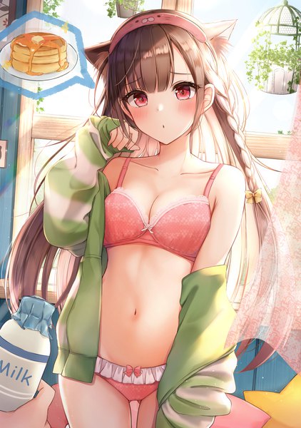 Anime picture 2863x4069 with original yukiunag1 long hair tall image looking at viewer blush fringe highres breasts light erotic red eyes brown hair standing bare shoulders holding animal ears payot cleavage indoors blunt bangs