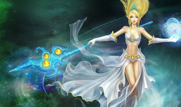 Anime picture 1215x717 with league of legends janna windforce single long hair blonde hair wide image bare shoulders pointy ears tattoo legs floating hair magic spread arms elf girl gloves navel fingerless gloves staff tiara