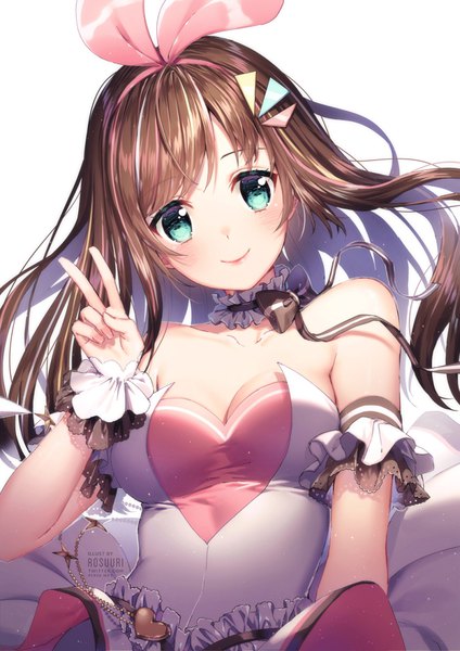 Anime picture 800x1132 with virtual youtuber a.i. channel kizuna ai kizuna ai (anniversary) rosuuri single long hair tall image looking at viewer blush fringe breasts simple background smile brown hair white background bare shoulders signed cleavage upper body