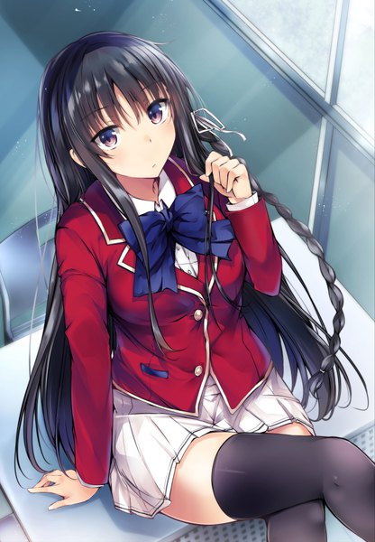 Anime picture 693x1000 with youkoso jitsuryoku shijou shugi no kyoushitsu e horikita suzune yuhito (ablbex) single long hair tall image looking at viewer blush fringe black hair hair between eyes sitting purple eyes payot indoors braid (braids) pleated skirt arm support zettai ryouiki crossed legs