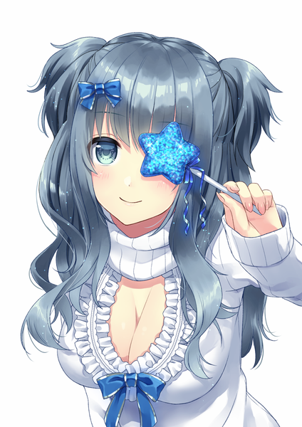 Anime picture 1000x1416 with original daidai jamu single long hair tall image looking at viewer blush breasts blue eyes black hair simple background smile white background holding cleavage nail polish leaning two side up leaning forward covering eye (eyes)