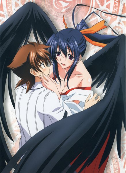 Anime picture 3242x4441 with highschool dxd himejima akeno hyoudou issei tall image blush fringe highres short hair breasts light erotic black hair brown hair large breasts purple eyes bare shoulders absurdres ahoge ponytail very long hair traditional clothes
