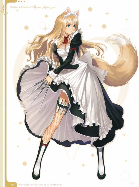 Anime picture 1242x1670 with shining (series) shining hearts lorna (shining hearts) tony taka single long hair tall image breasts light erotic blonde hair standing green eyes animal ears looking away cleavage full body tail long sleeves parted lips animal tail