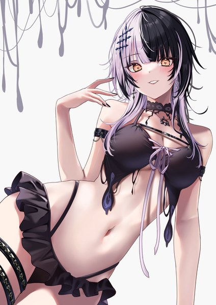 Anime picture 2894x4093 with virtual youtuber hololive hololive english shiori novella nisi ki no single long hair tall image looking at viewer blush fringe highres breasts light erotic black hair simple background white background yellow eyes silver hair blunt bangs