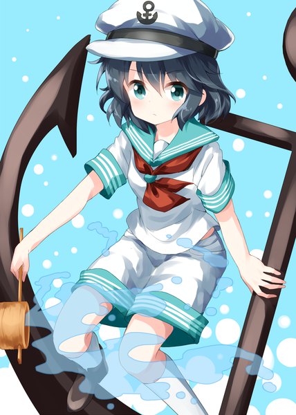 Anime picture 1000x1400 with touhou murasa minamitsu ruu (tksymkw) single tall image looking at viewer blush fringe short hair black hair hair between eyes aqua eyes blue background girl hat water sailor suit anchor symbol anchor