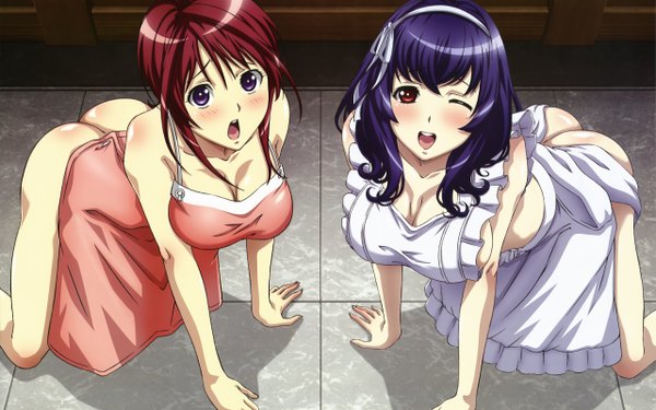 Anime picture 2560x1600 with seikon no qwaser nyantype yamanobe tomo oribe mafuyu tsuchiya kei long hair looking at viewer blush highres breasts open mouth light erotic red eyes wide image large breasts purple eyes bare shoulders multiple girls purple hair ass