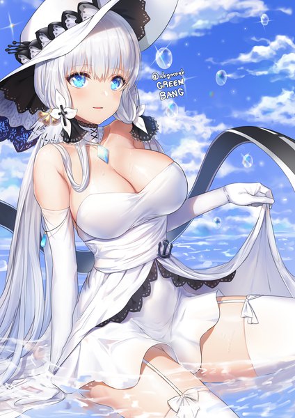 Anime picture 2480x3508 with azur lane illustrious (azur lane) greem bang single long hair tall image looking at viewer blush fringe highres breasts open mouth blue eyes light erotic hair between eyes large breasts twintails bare shoulders holding signed
