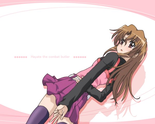 Anime picture 1280x1024 with hayate no gotoku! maria (hayate no gotoku!) single long hair open mouth brown hair brown eyes zettai ryouiki arm behind back girl thighhighs skirt