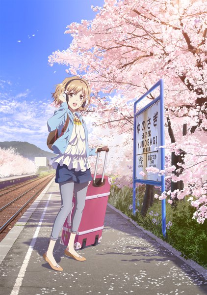 Anime picture 1500x2132 with hanasaku iroha p.a. works matsumae ohana single tall image looking at viewer short hair open mouth brown hair brown eyes sky cloud (clouds) :d official art shadow cherry blossoms hand on headphones girl plant (plants) petals