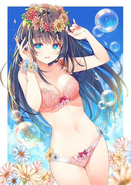 Anime picture 851x1200 with original miwabe sakura single long hair tall image looking at viewer blush fringe breasts open mouth light erotic black hair smile standing payot sky cleavage cloud (clouds) blunt bangs nail polish