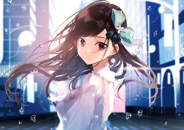 Anime picture 1637x1158 with original miwano rag single long hair looking at viewer fringe brown hair brown eyes upper body outdoors wind blurry depth of field turning head city street girl ribbon (ribbons) hair ribbon earrings