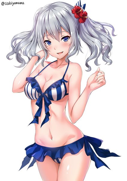 Anime picture 800x1131 with kantai collection kashima training cruiser sakiyamama single long hair tall image blush fringe breasts open mouth blue eyes light erotic simple background smile hair between eyes white background twintails signed silver hair :d