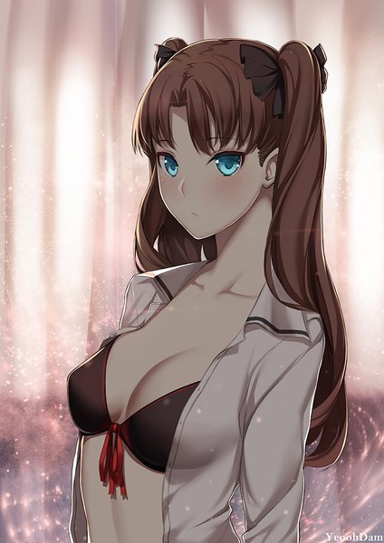 Anime picture 707x1000 with fate (series) fate/stay night toosaka rin yeoohdam single long hair tall image looking at viewer blush breasts blue eyes light erotic brown hair open shirt girl bow hair bow shirt lingerie bra