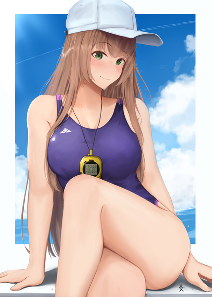 Anime picture 5000x7000 with original eko.art single long hair tall image looking at viewer blush fringe highres breasts light erotic hair between eyes brown hair large breasts sitting green eyes payot absurdres sky cloud (clouds)