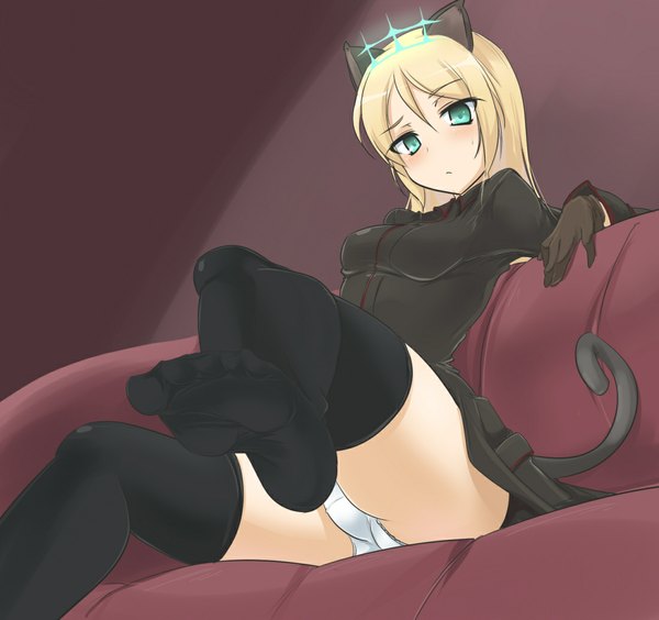 Anime picture 1100x1034 with strike witches heinrike prinzessin zu sayn-wittgenstein single long hair light erotic blonde hair green eyes animal ears cat ears no shoes legs cameltoe pantyshot sitting girl thighhighs underwear panties black thighhighs couch