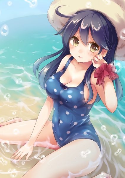 Anime picture 703x1000 with kantai collection ushio destroyer emilion single long hair tall image looking at viewer blush fringe breasts open mouth light erotic black hair smile hair between eyes sitting bare shoulders yellow eyes payot sky