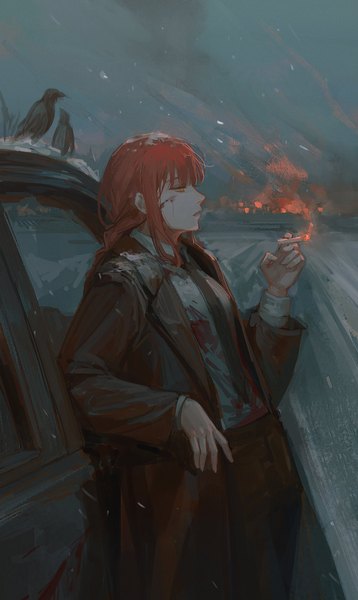 Anime picture 1500x2516 with chainsaw man mappa makima (chainsaw man) solraka single long hair tall image fringe looking away outdoors red hair blunt bangs profile smoke blood on face bloody clothes girl animal necktie bird (birds)