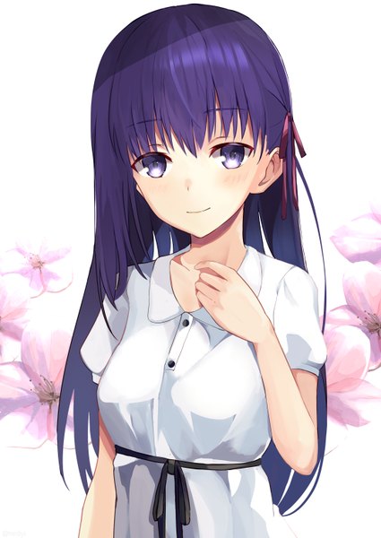 Anime picture 2150x3035 with fate (series) fate/stay night matou sakura rarabyii single long hair tall image looking at viewer blush fringe highres smile hair between eyes standing white background purple eyes payot purple hair upper body short sleeves