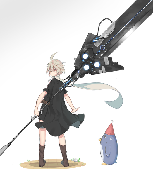 Anime picture 1389x1595 with original emushake tall image looking at viewer fringe short hair simple background blonde hair standing white background holding brown eyes looking away ahoge looking back from behind shadow girl weapon animal