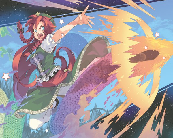 Anime picture 1500x1200 with touhou hong meiling morino hon single long hair open mouth blue eyes looking away sky cloud (clouds) red hair braid (braids) traditional clothes short sleeves outstretched arm chinese clothes serious kick girl dress