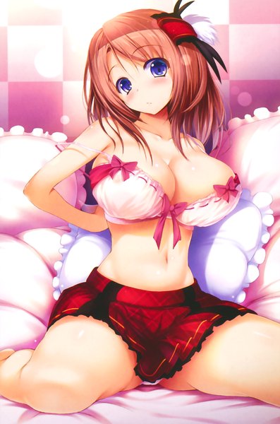 Anime picture 1597x2409 with migumigu single tall image looking at viewer blush short hair breasts blue eyes light erotic brown hair large breasts sitting absurdres barefoot bare belly spread legs pantyshot undressing girl skirt