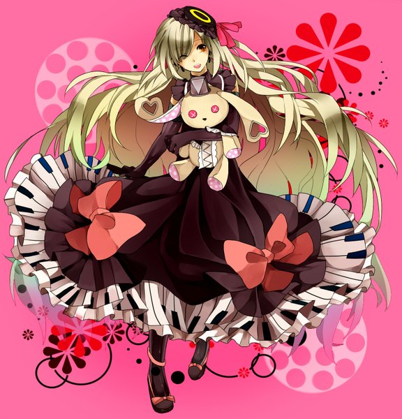 Anime picture 1500x1560 with vocaloid mayu (vocaloid) usano mimi hibiya single long hair tall image fringe open mouth blonde hair red eyes one eye closed wink hair over one eye pink background girl dress gloves bow hat