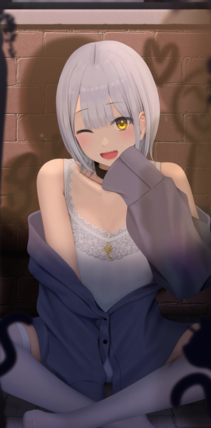 Anime picture 1950x3950 with original inaka 44 single tall image looking at viewer blush fringe highres short hair open mouth sitting bare shoulders silver hair blunt bangs long sleeves one eye closed wink off shoulder shadow ;d