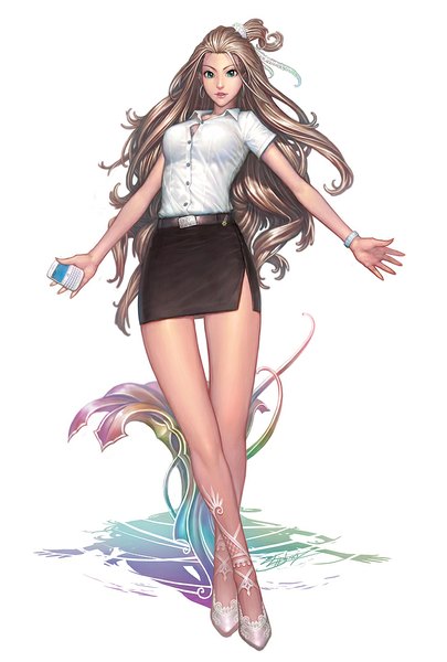 Anime picture 700x1036 with nudtawut thongmai single long hair tall image blue eyes simple background brown hair white background lips realistic legs girl skirt earrings shirt bracelet belt mobile phone phone