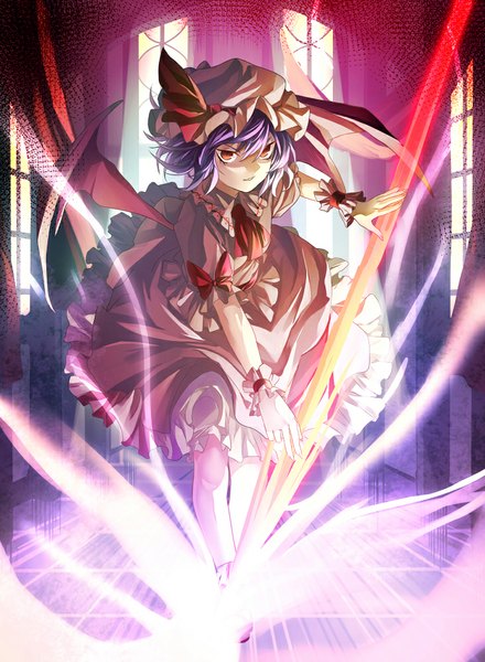 Anime picture 733x1000 with touhou remilia scarlet eredhen single tall image looking at viewer short hair red eyes purple hair magic fighting stance girl wings window bonnet neckerchief spear the gungnir