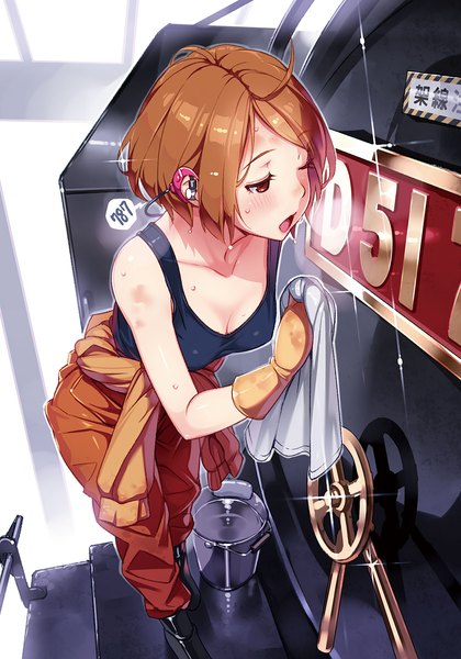 Anime picture 1344x1920 with rail wars! sasshou mari vania600 single tall image blush short hair open mouth light erotic red eyes brown hair one eye closed scan girl train